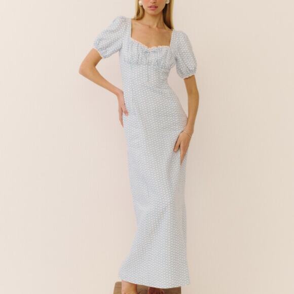 Reformation Dresses & Skirts - Reformation Cherise Maxi Dress NEW Linen Blue Motif Short Puff Sleeve Size 10